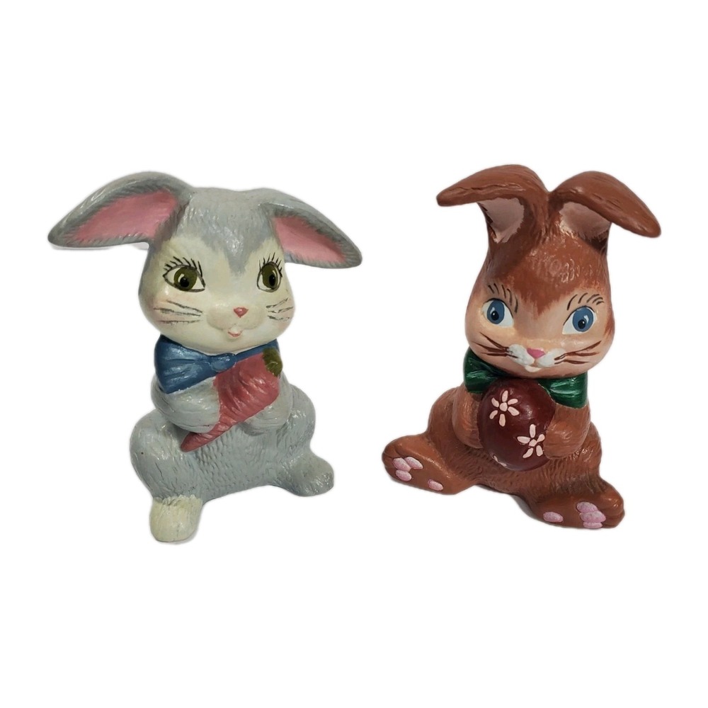 Set Of 2 Painted Bunny  Figures Gray And Brown